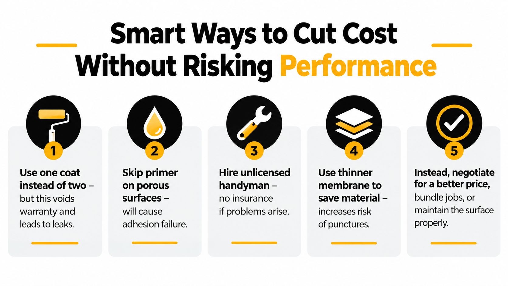An infographic showing five tips for cutting construction costs while avoiding performance risks during waterproofing projects.