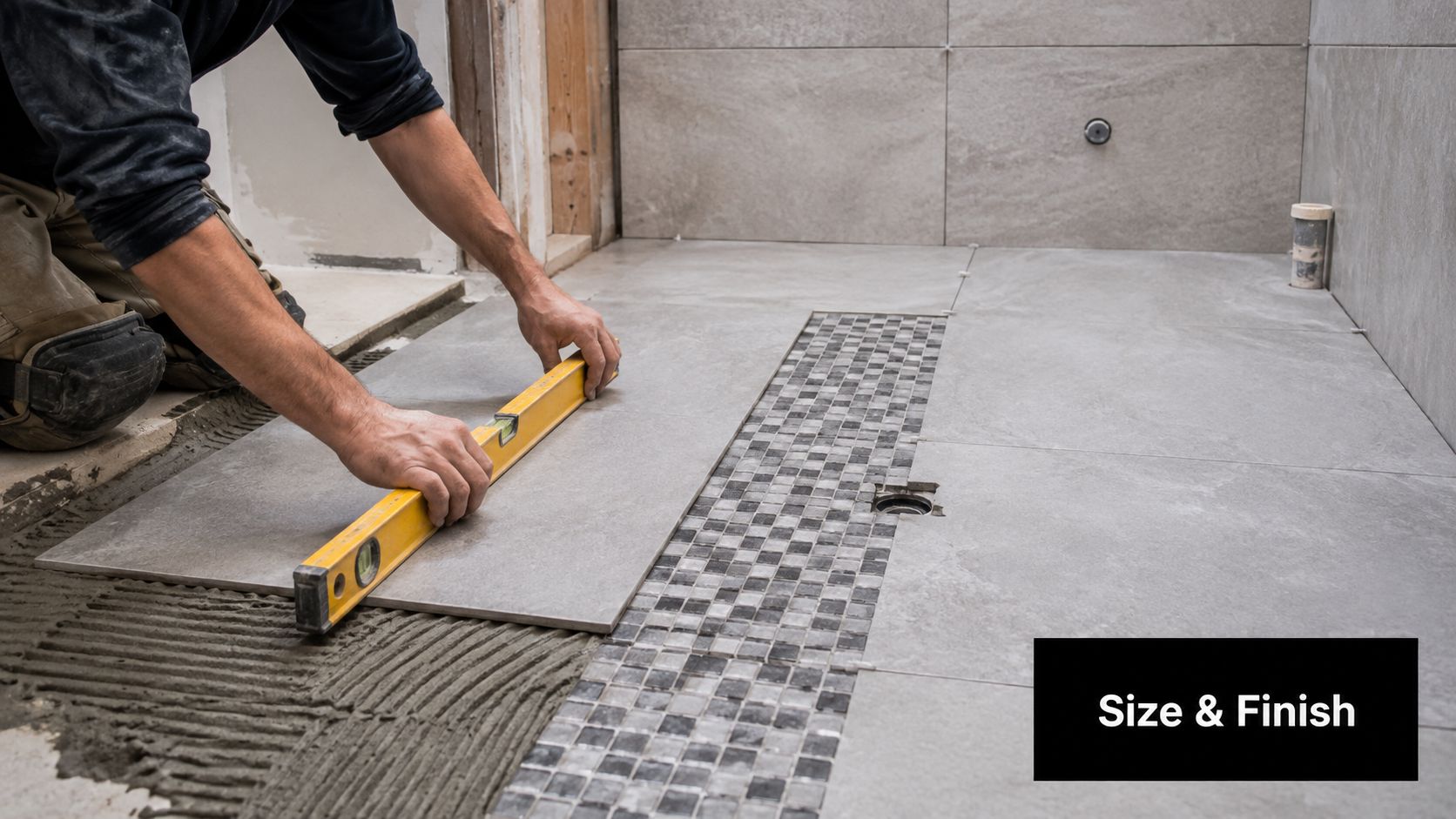 A professional tiler installing large grey porcelain tiles on a shower floor using a yellow spirit level.