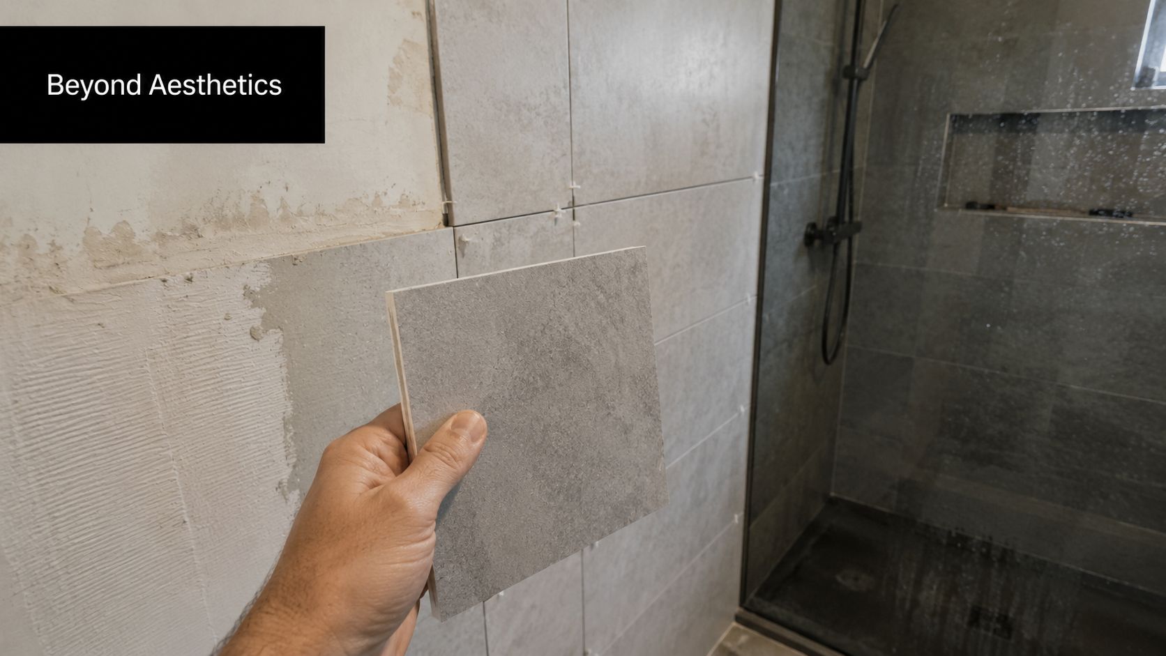A person holding a square gray stone-effect bathroom tile sample against a partially tiled bathroom wall.