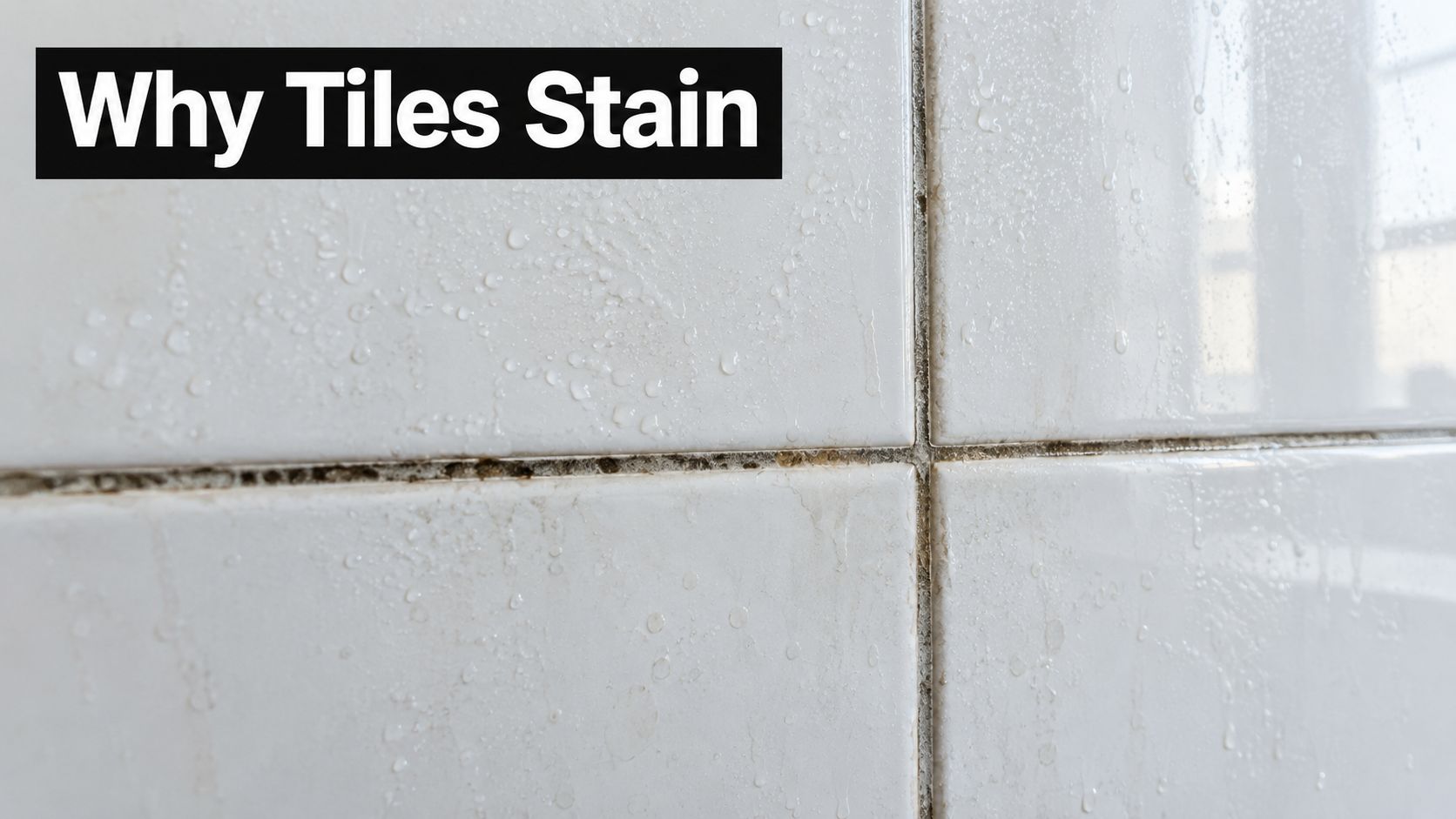 Close-up of white bathroom tiles with stained and moldy grout lines, covered in water droplets.