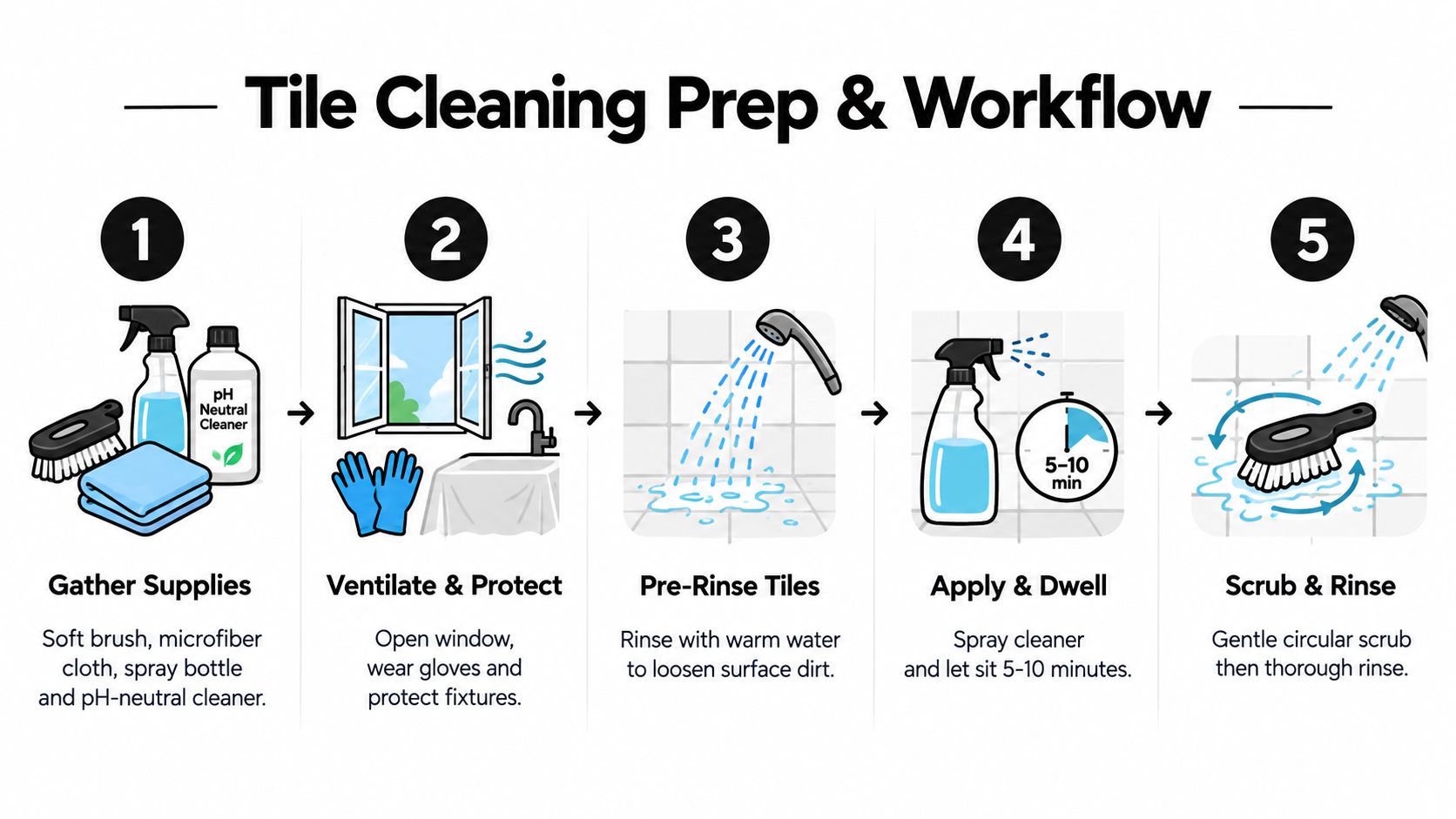 A five-step instructional guide on how to properly clean bathroom tiles using simple supplies and techniques.