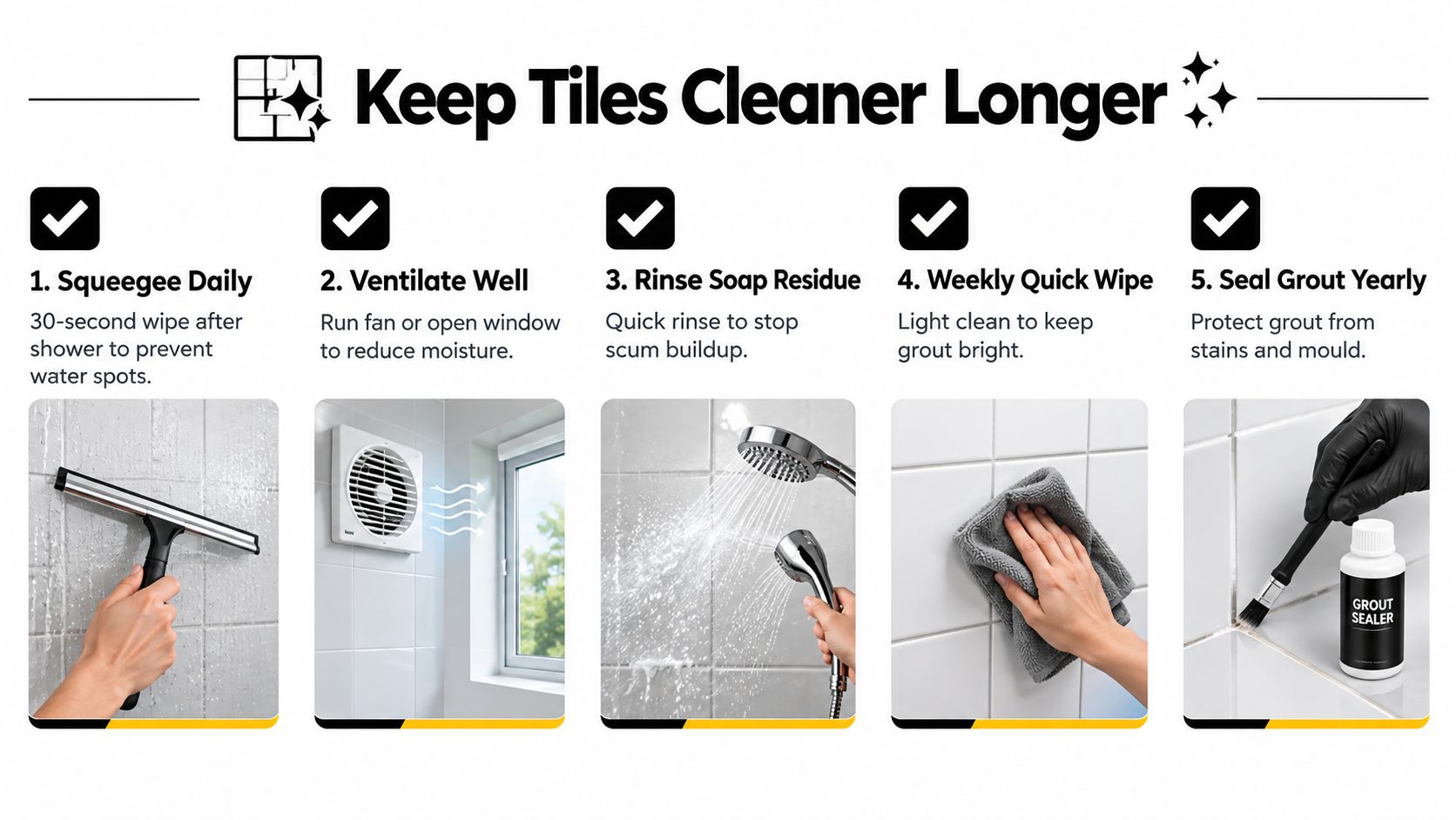 A five-step infographic showing how to keep bathroom tiles clean and maintained with simple daily habits.