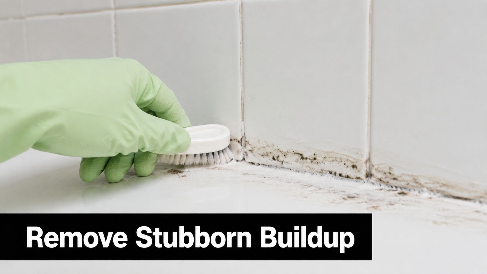 A gloved hand scrubbing moldy bathroom tile grout lines with a small white cleaning brush.