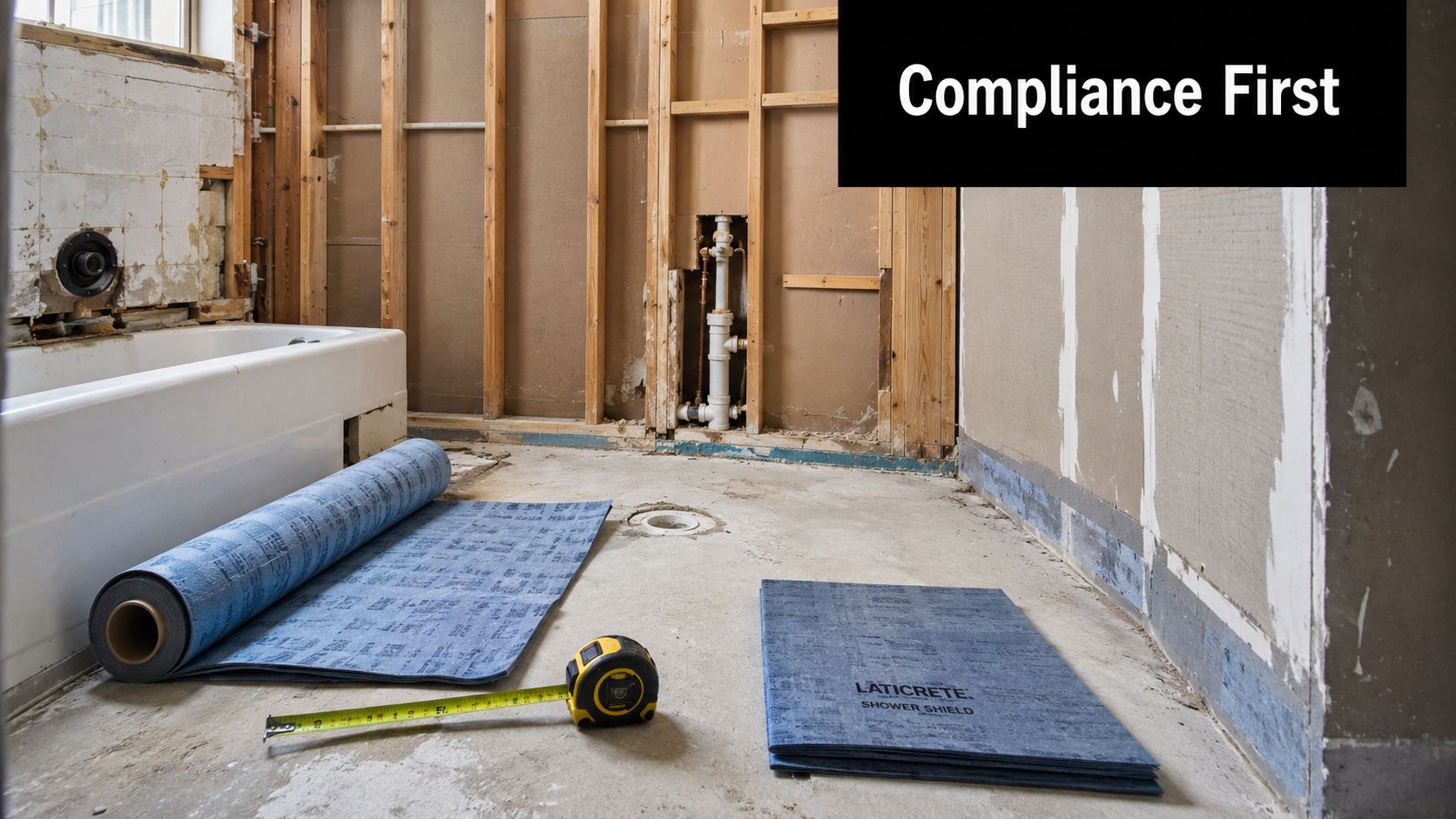 A bathroom under construction with framing visible, a bathtub, and Laticrete shower waterproofing membrane on the floor.