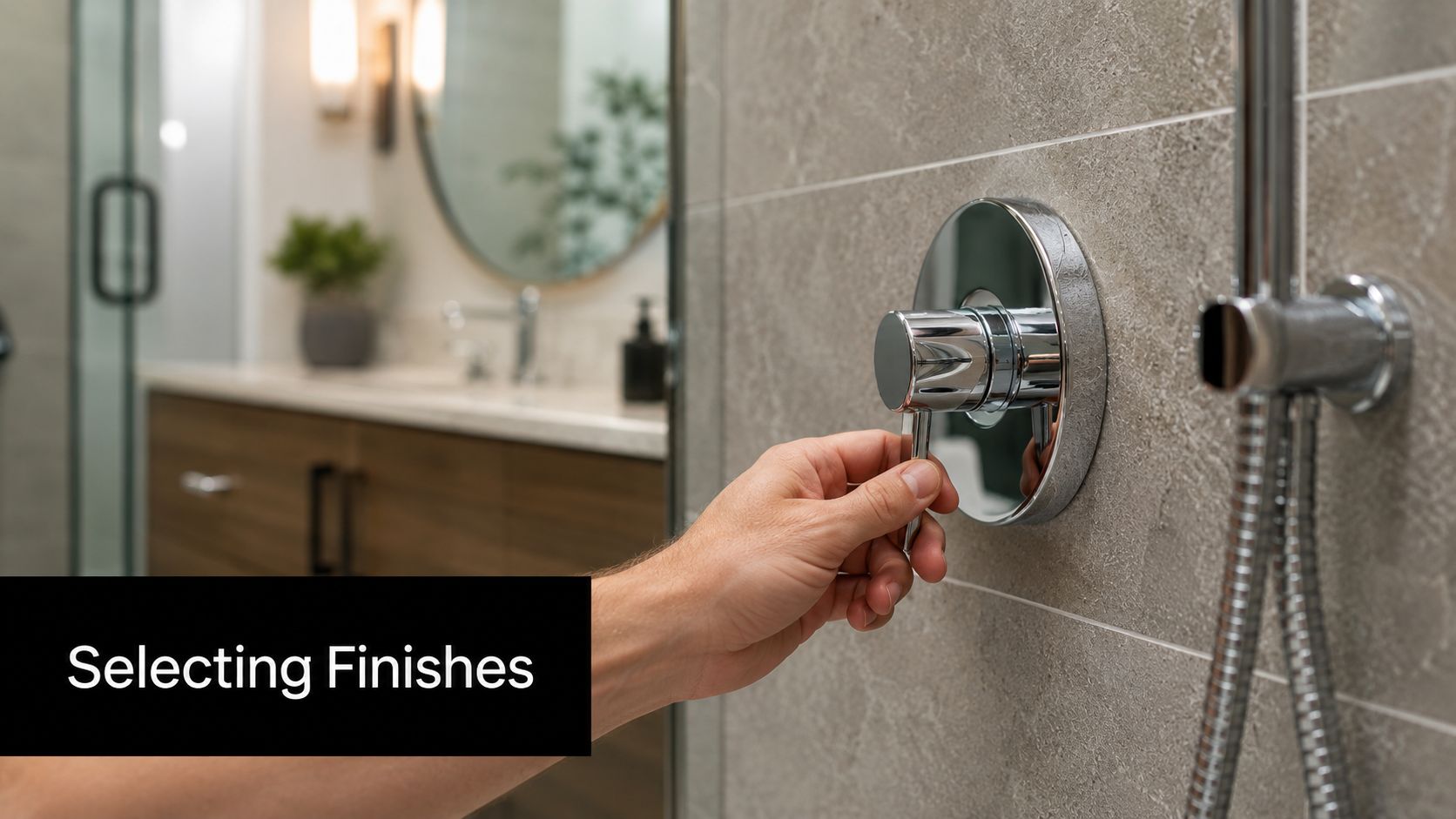 A close up view of a person hand adjusting a chrome shower handle in a modern bathroom.