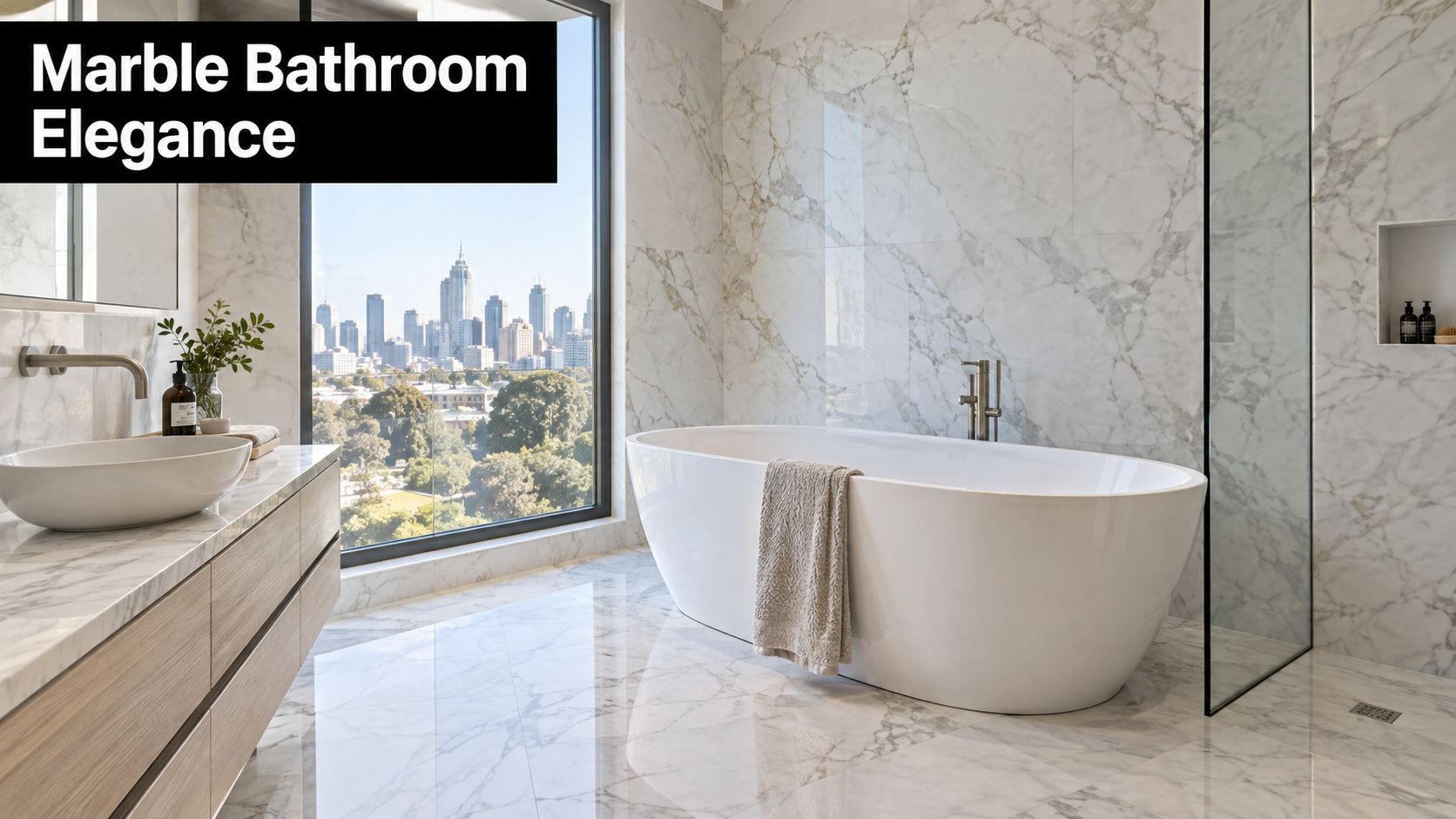 A luxurious bathroom featuring white marble tiles, a modern freestanding bathtub, and a scenic city view.