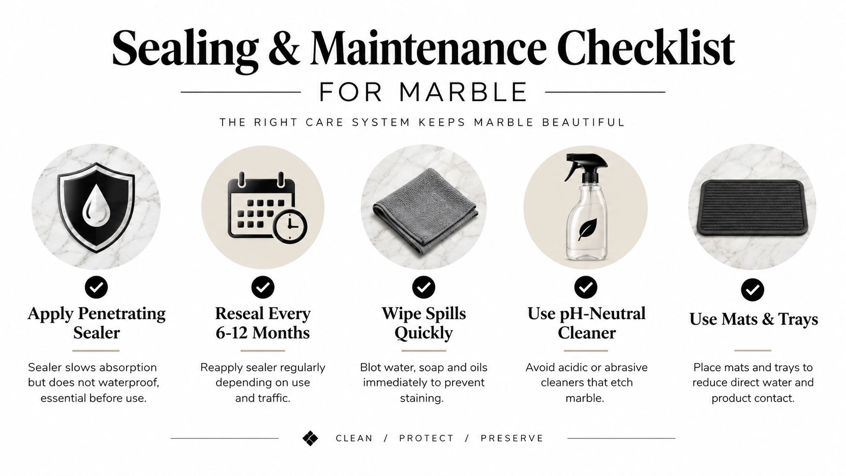 An infographic titled Sealing and Maintenance Checklist for Marble detailing steps like sealing, cleaning, and protection.