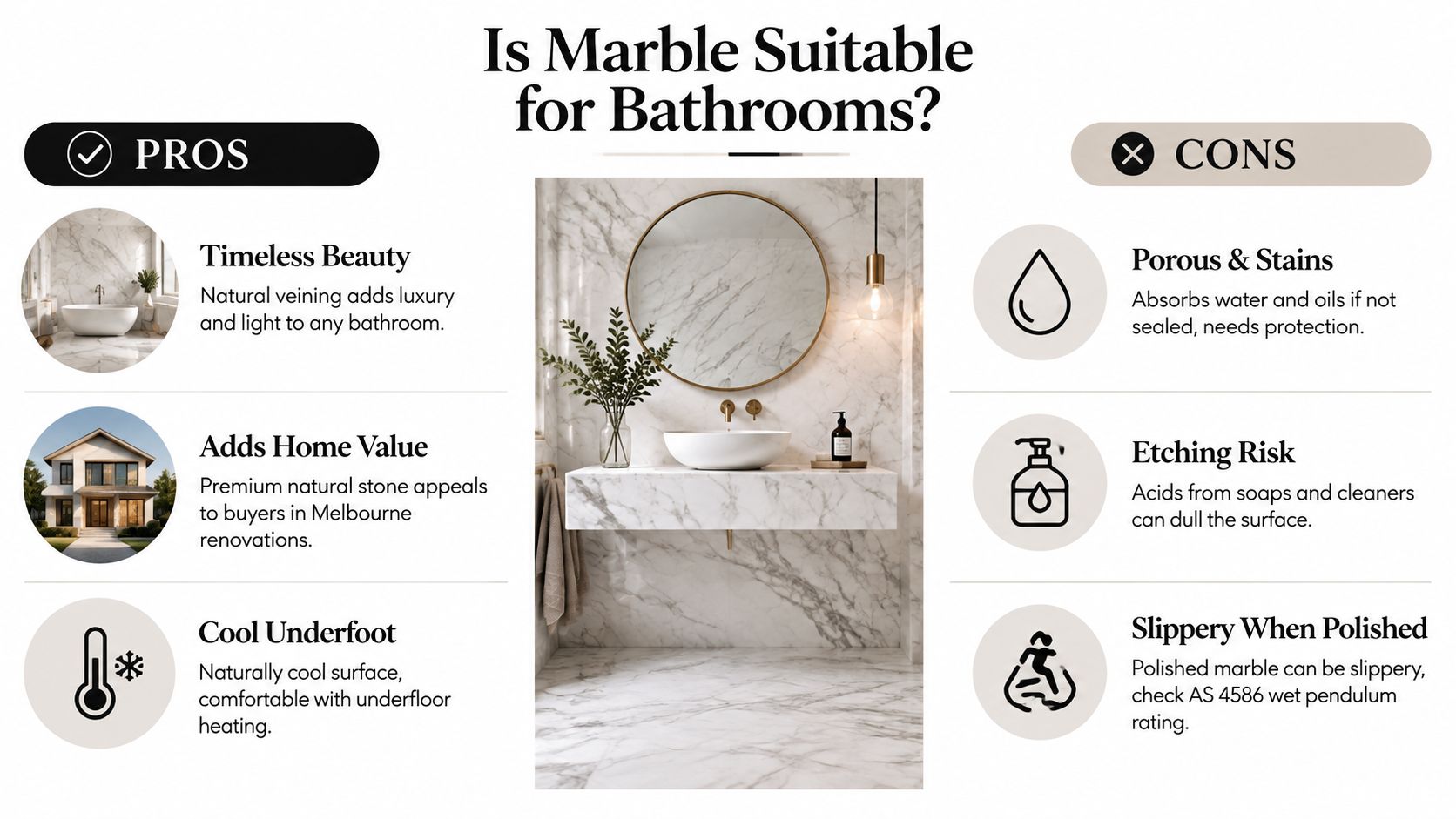 A comparison chart showing the pros and cons of using marble tiles for bathroom renovation projects.