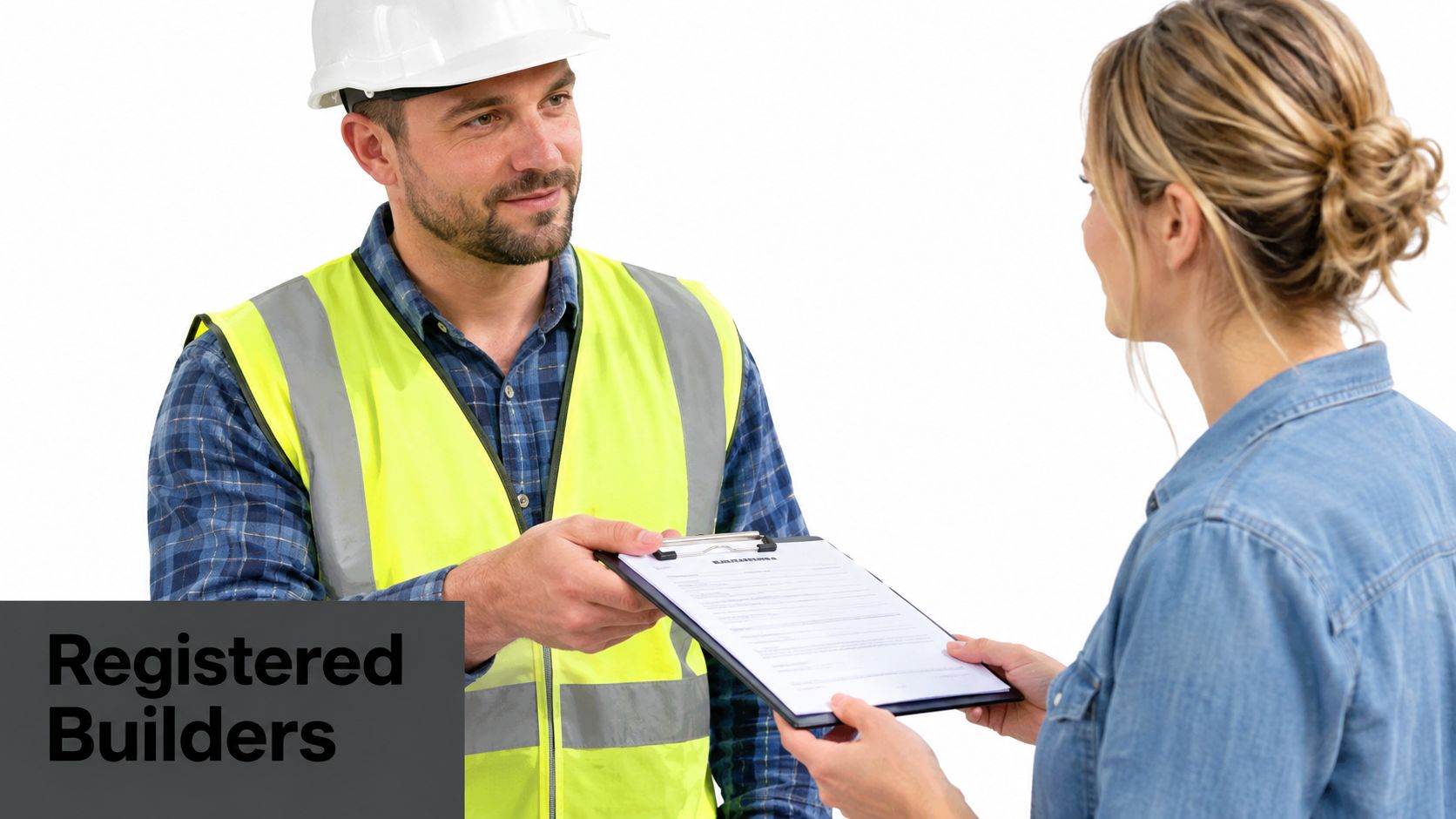 A professional builder in a hard hat and high visibility vest hands a contract to a woman.