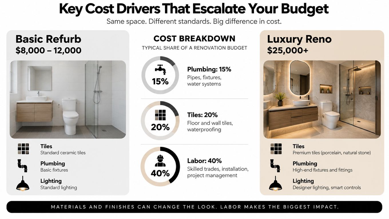 A comparison infographic showing cost drivers for bathroom renovation between basic and luxury standards with percentage breakdowns.