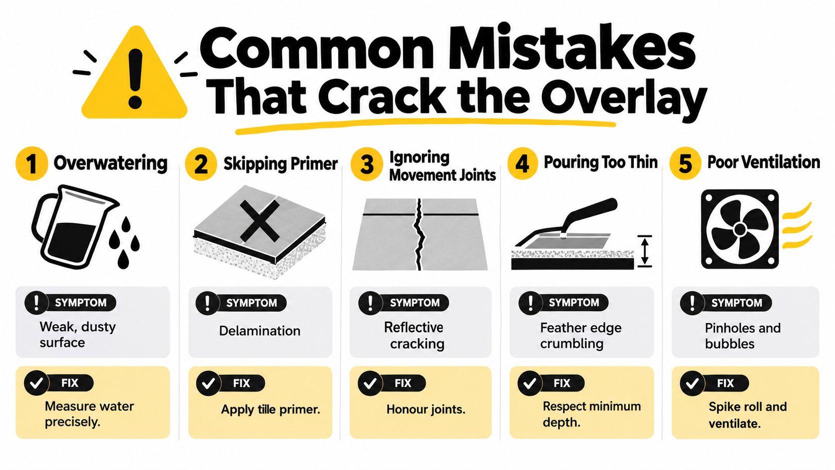 An infographic showing five common construction mistakes that cause cracks when applying floor overlay compounds.