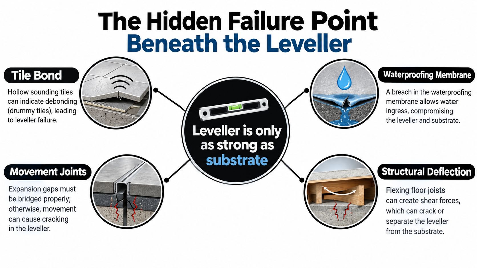 An infographic showing four common causes of self levelling compound failure, including substrate issues, movement, and deflection.