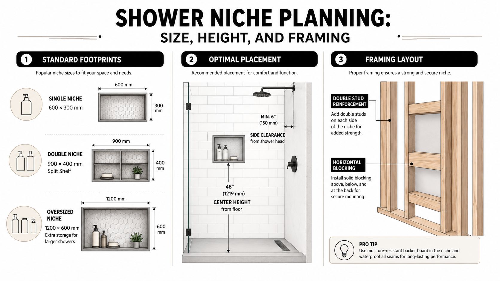 An infographic titled Shower Niche Planning detailing standard sizes, optimal placement, and correct framing layout techniques.