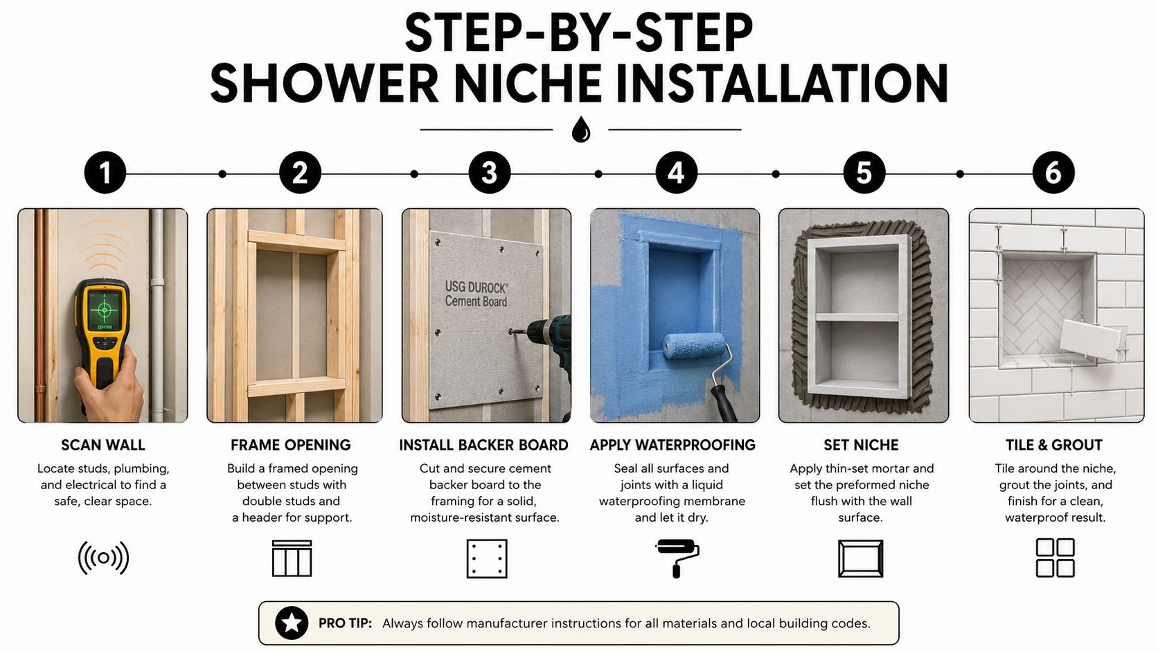 A step-by-step infographic showing the six stages of installing a preformed shower niche in a bathroom.