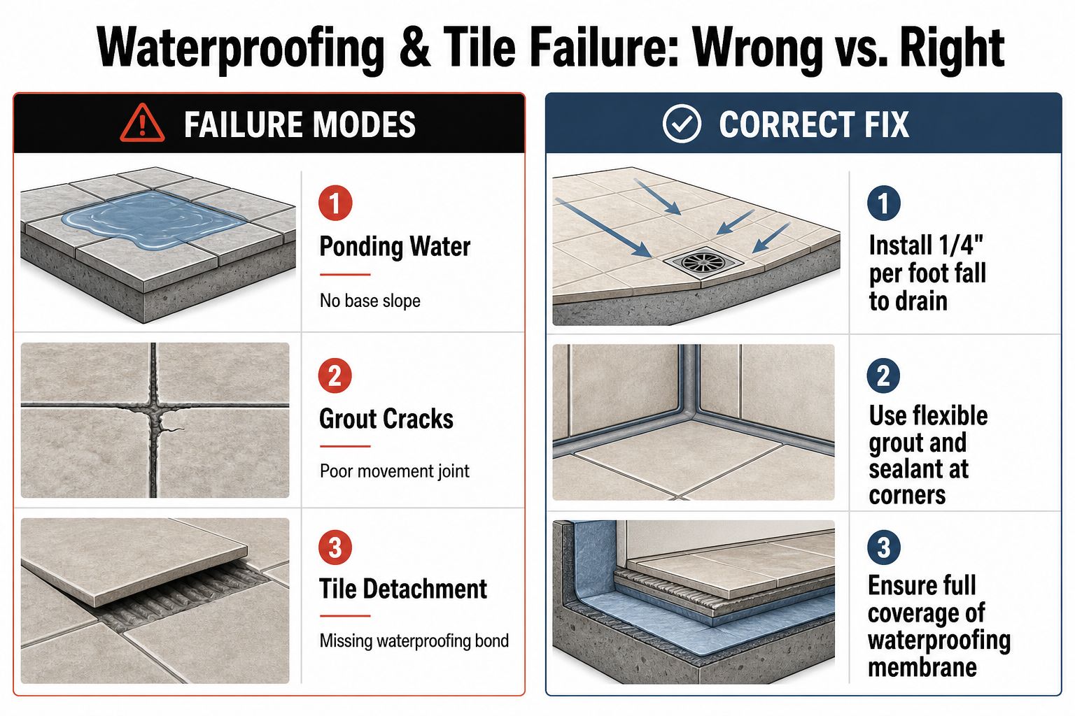 An infographic showing common tile failure modes on the left and their correct waterproofing solutions on the right.