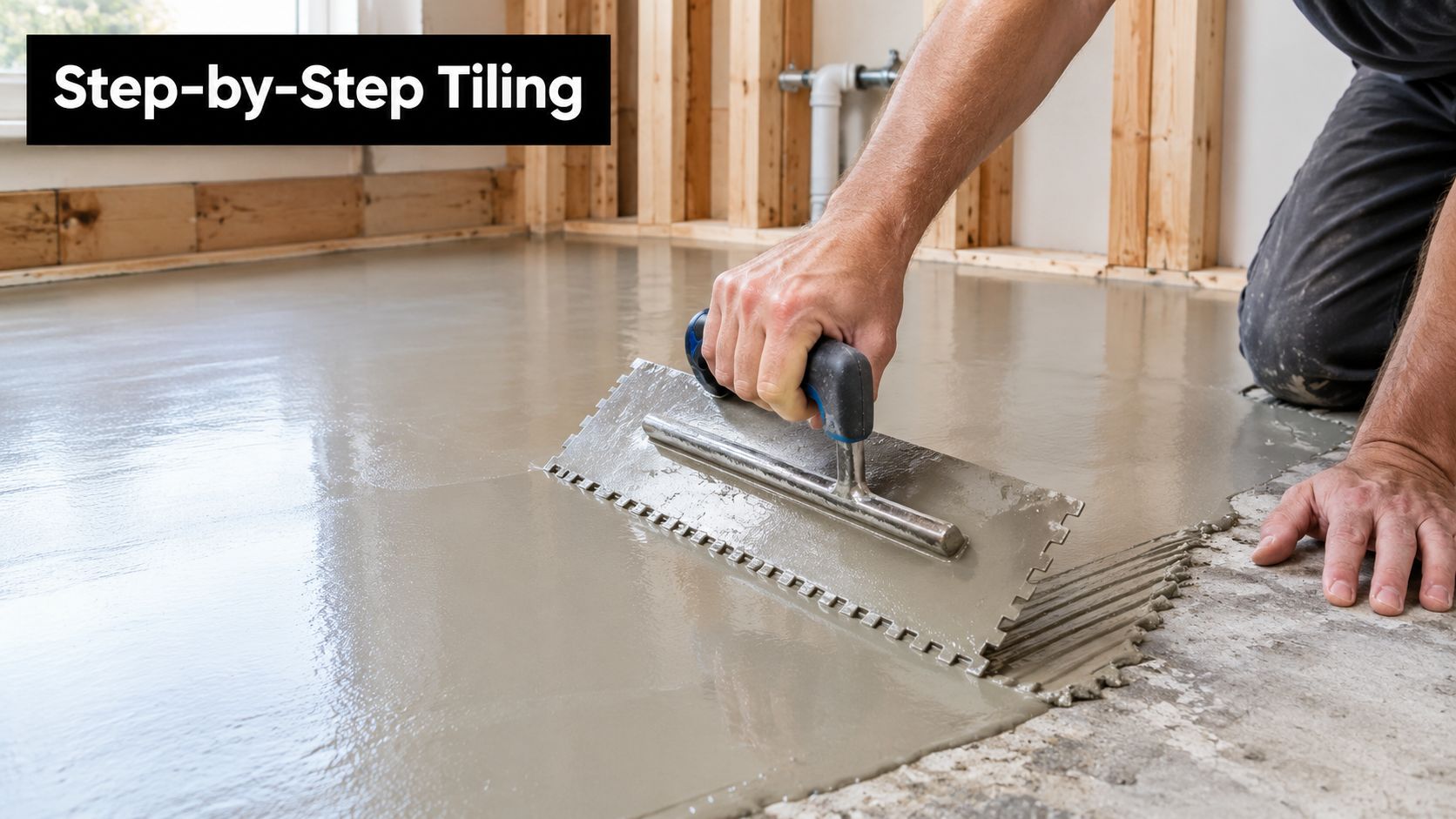 A professional construction worker uses a notched trowel to spread thin-set mortar on a subfloor for tiling.