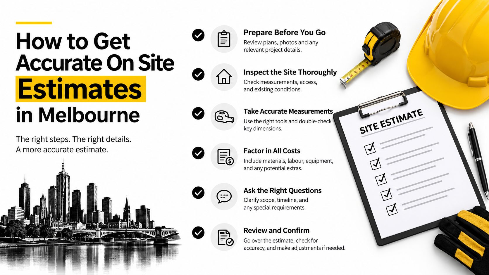 A professional construction infographic guide for getting accurate site estimates in Melbourne, featuring essential checklist steps.