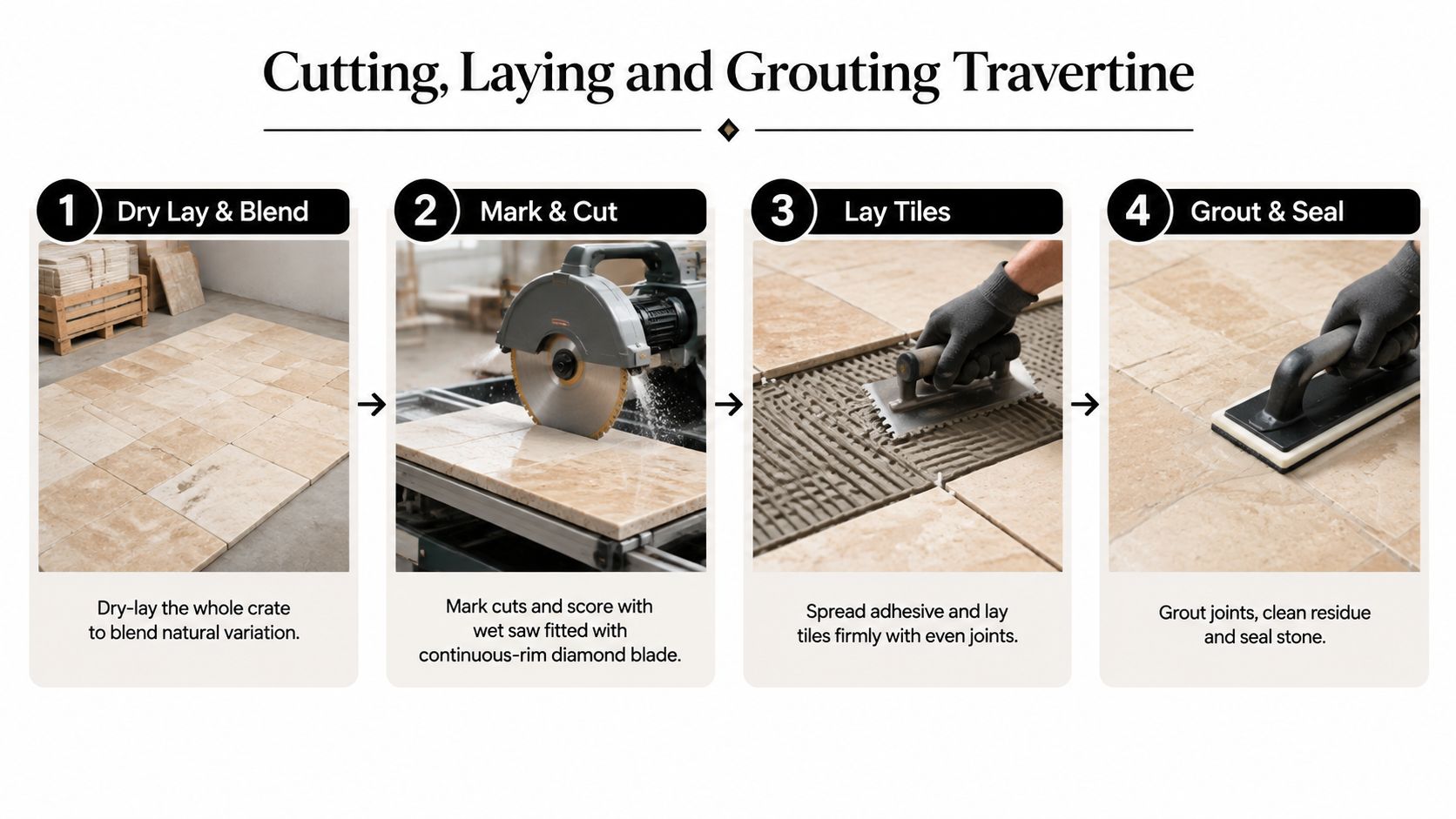 A four-step infographic illustrating the professional process of cutting, laying, and grouting natural travertine stone tiles.