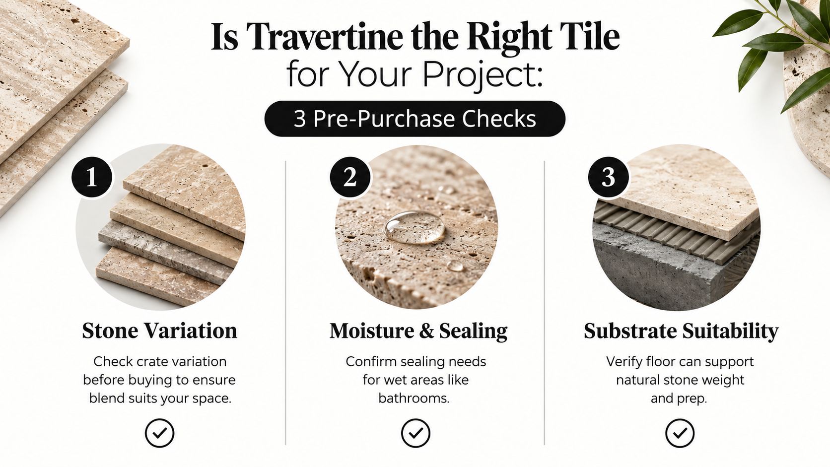 An infographic titled Is Travertine the Right Tile for Your Project featuring three essential pre-purchase checks.