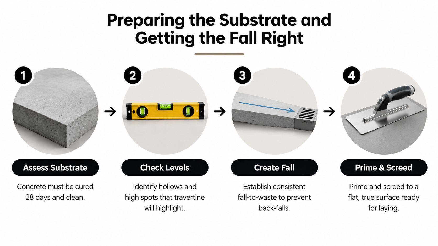 A four-step infographic illustrating the process of preparing a concrete substrate for travertine tile installation.