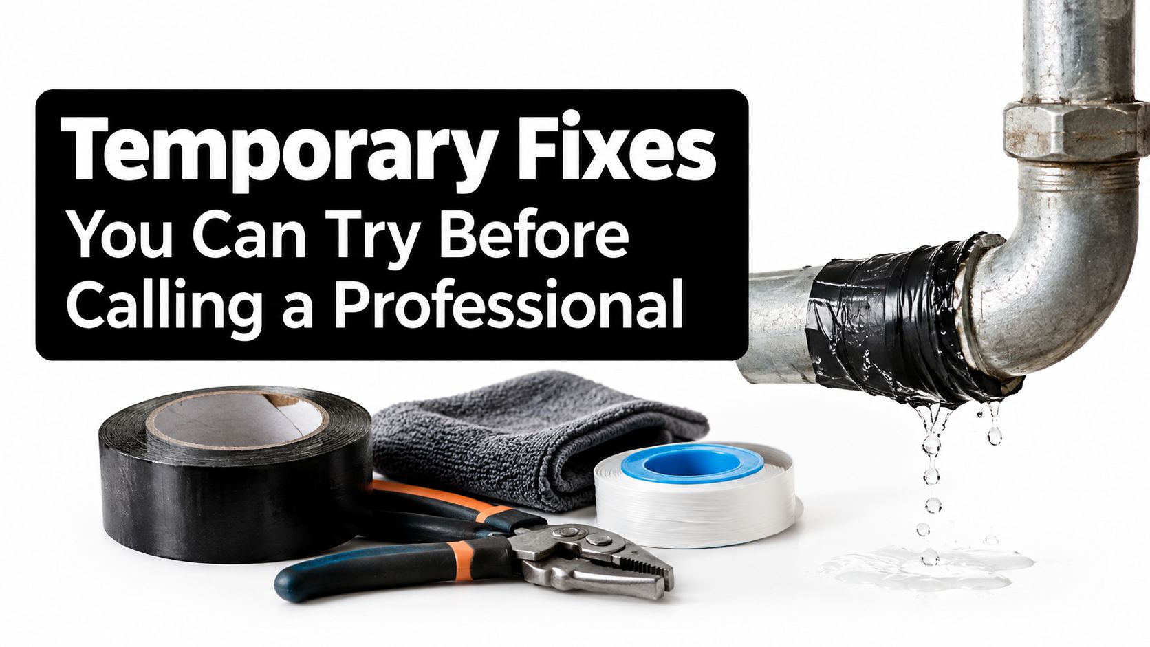 A leaky pipe with repair tools and tape displayed on a white background, suggesting plumbing solutions.