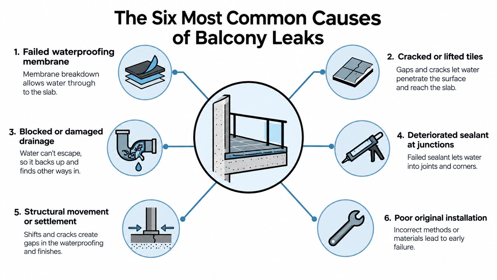 An infographic detailing the six most common causes of balcony leaks, including waterproofing and structural issues.