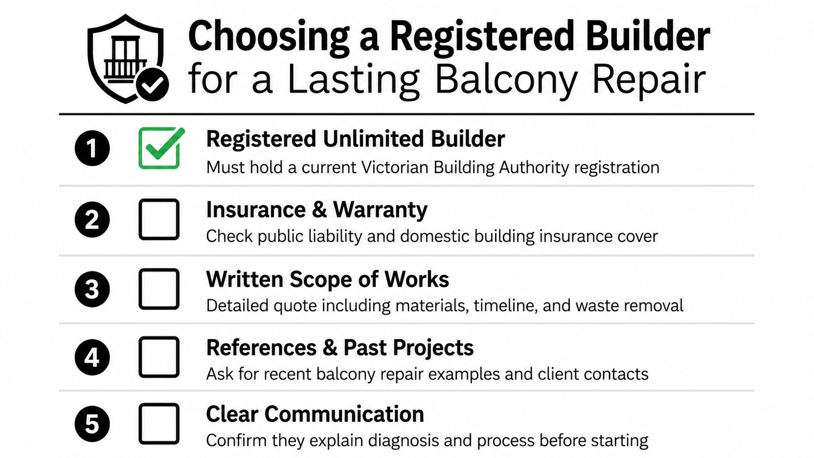 A checklist infographic titled Choosing a Registered Builder for a Lasting Balcony Repair with five essential steps.
