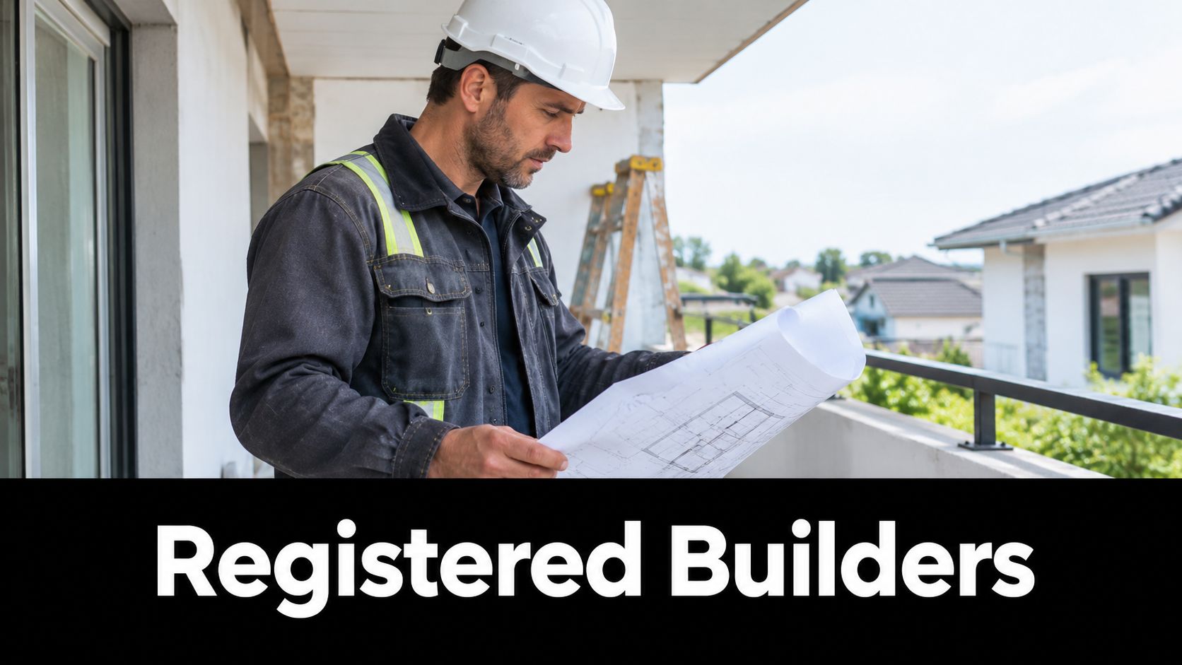 A professional builder in a hard hat and high-visibility jacket reviewing blueprints on a residential balcony.