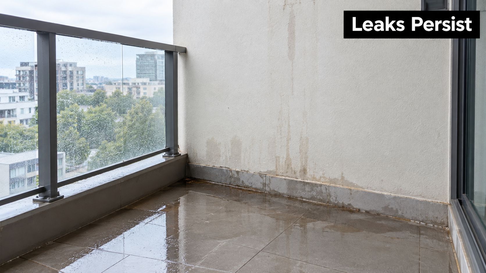 A wet apartment balcony floor with water stains and streaking damage on the exterior wall.