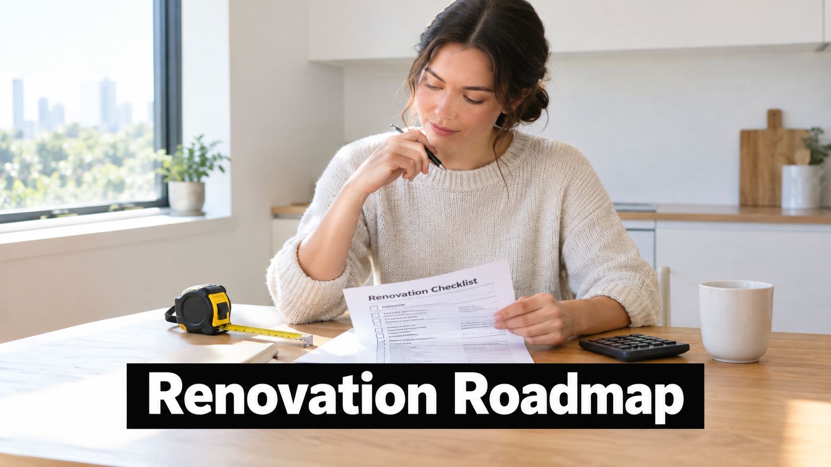 A woman sitting at a table with a tape measure, calculator, and a renovation checklist document.