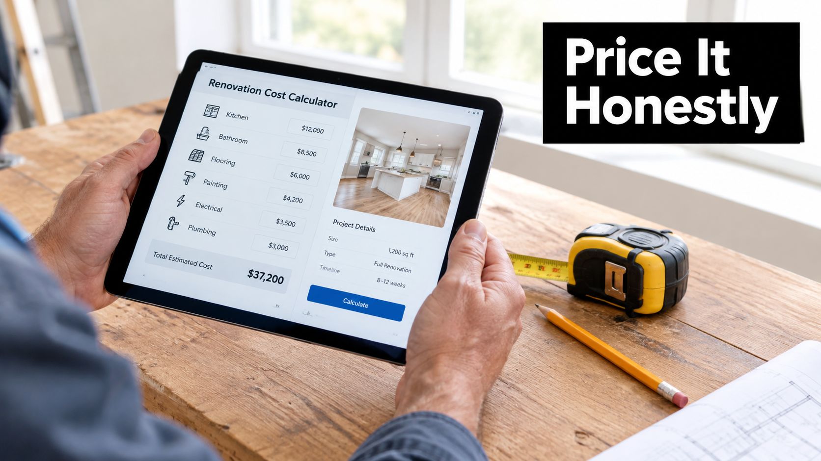 A person using a digital tablet to estimate renovation costs for a home improvement project on a desk.