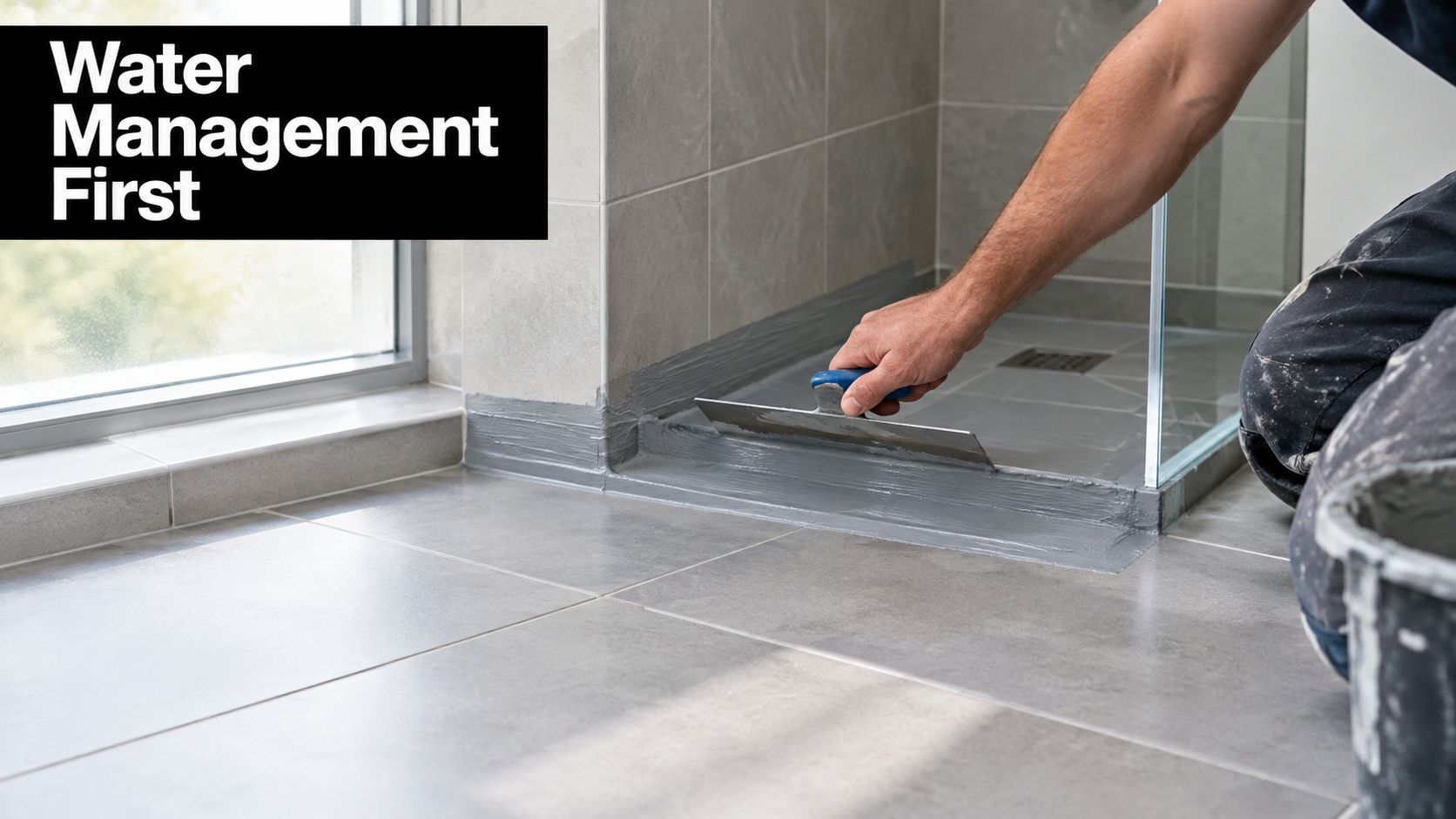 A professional construction worker applying grey waterproof sealant to a bathroom shower floor with a metal trowel.