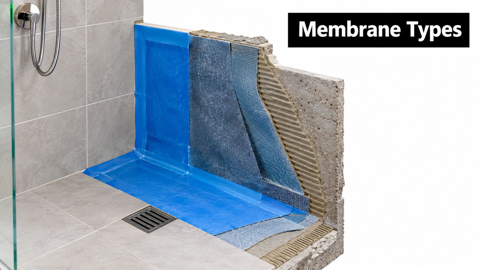 A cutaway view showing the layers of a professional bathroom waterproofing system installed in a shower area.