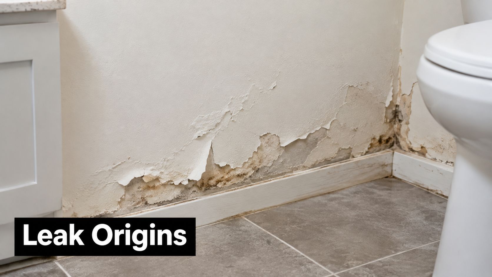 Severe water damage showing peeling paint and mold on a bathroom wall near a toilet base.