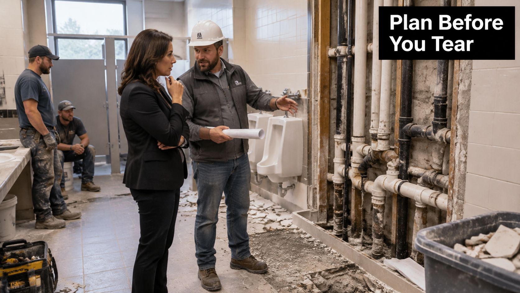 A professional construction project manager explains renovation plans to a business owner inside a restroom facility.