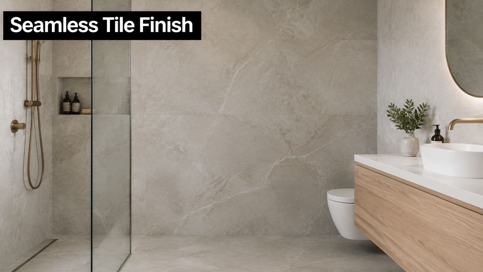A modern minimalist ensuite bathroom featuring seamless stone wall tiles, wood vanity and elegant brass shower fixtures.