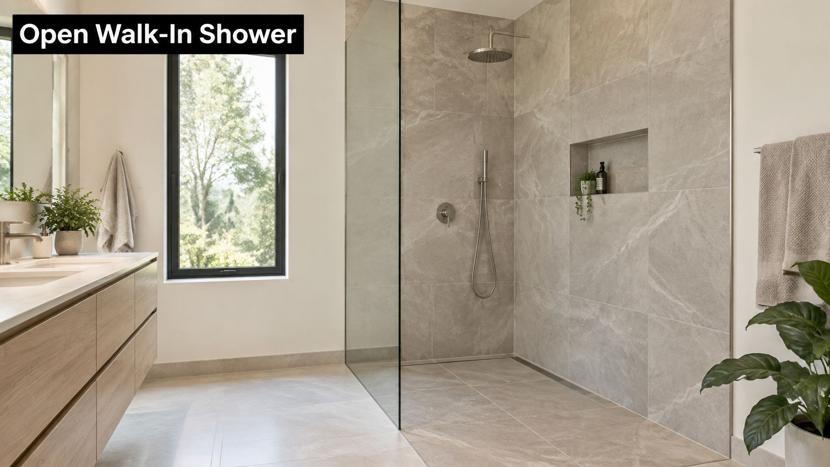 A modern bathroom featuring a spacious open walk-in shower with large stone tiles and glass panel.