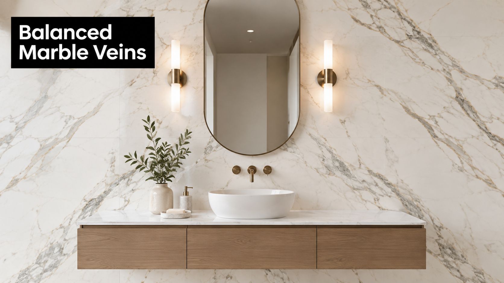 A modern bathroom vanity with marble tiled walls, a wooden cabinet, oval mirror, and contemporary light fixtures.