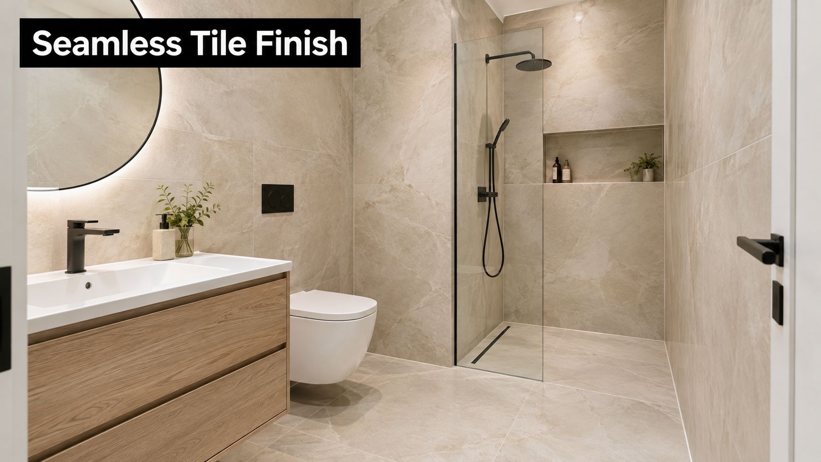 A modern bathroom featuring seamless light beige stone tiles, a wooden vanity, and a walk-in glass shower.