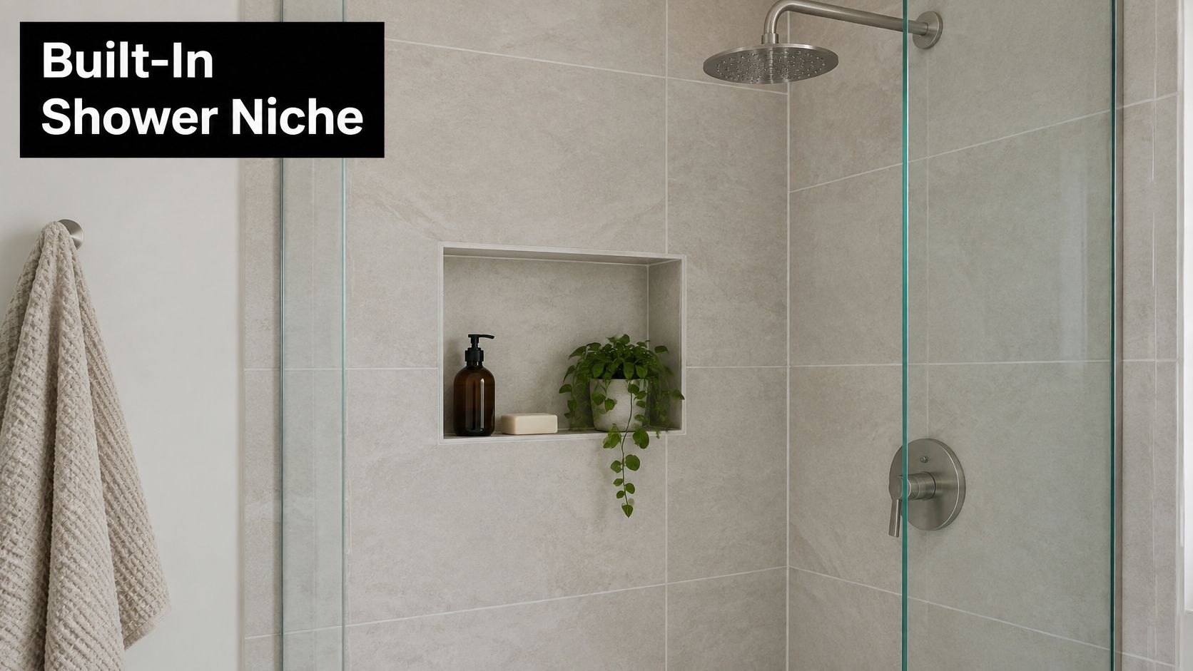 A modern shower featuring a built-in tile niche with a potted plant, soap dispenser, and bar soap.