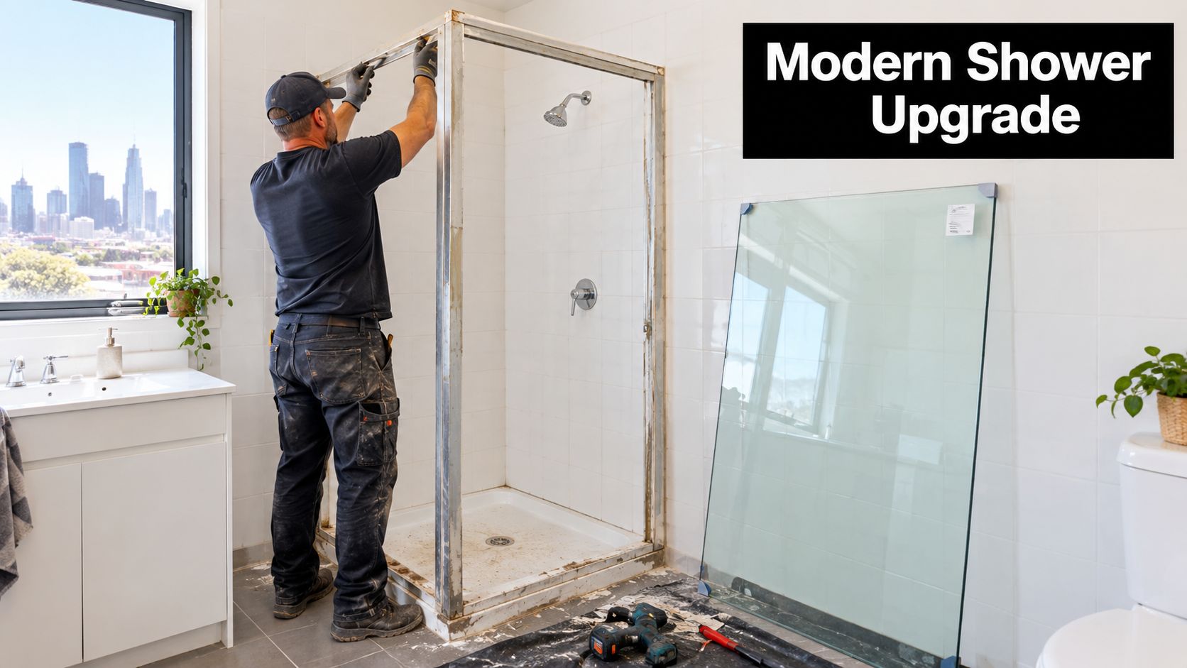 A professional construction worker installing a new modern glass shower screen in a bathroom renovation project.
