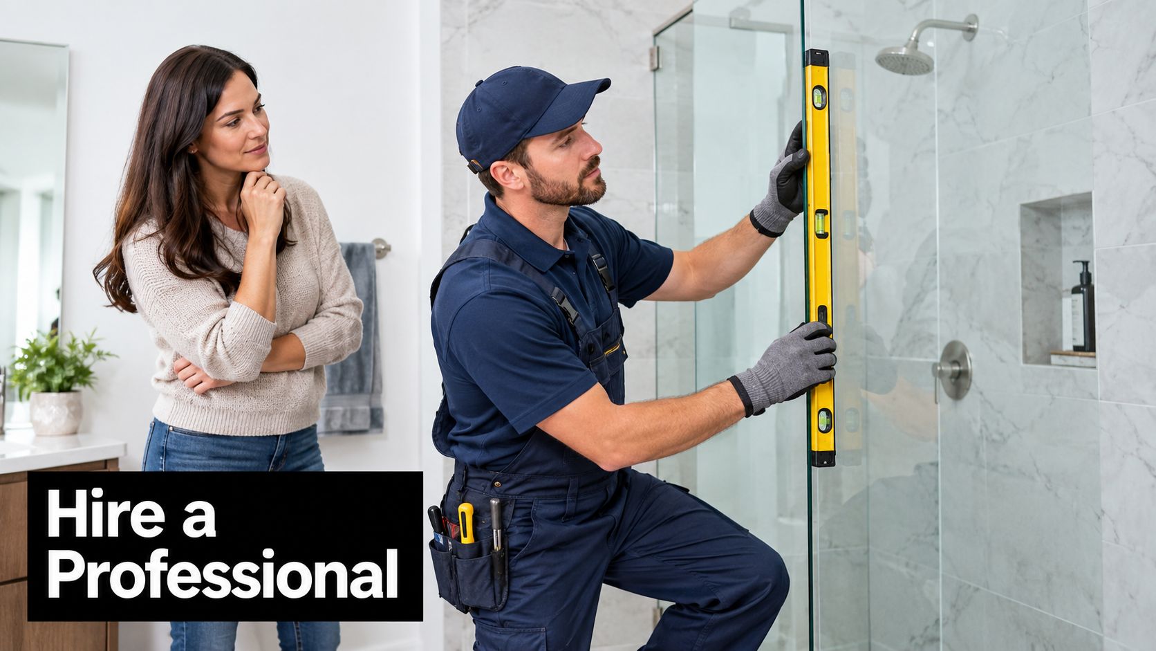 A professional tradesman in uniform using a spirit level to install a glass shower screen installation.