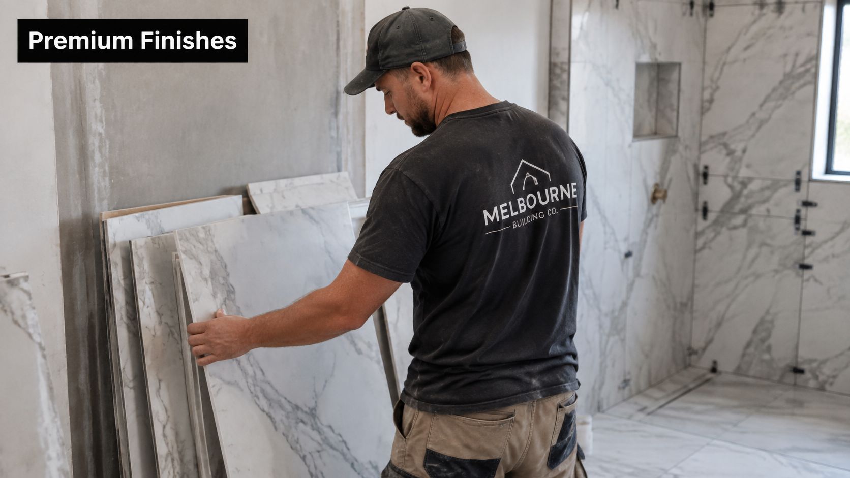 A professional builder in a Melbourne Building Co shirt selects marble tiles for a high end bathroom.