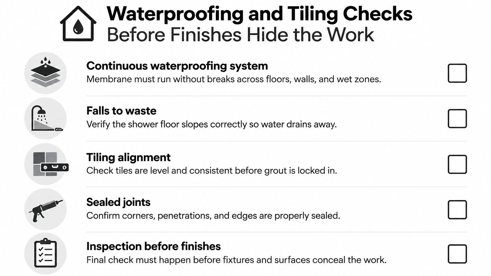 A checklist infographic titled Waterproofing and Tiling Checks for bathroom renovations detailing essential pre-finish construction steps.