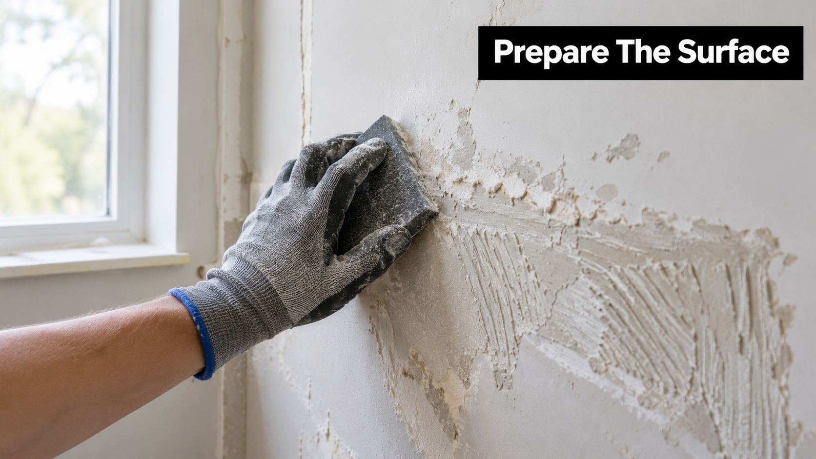 A gloved hand sanding down a rough wall surface in preparation for bathroom wall waterproofing.