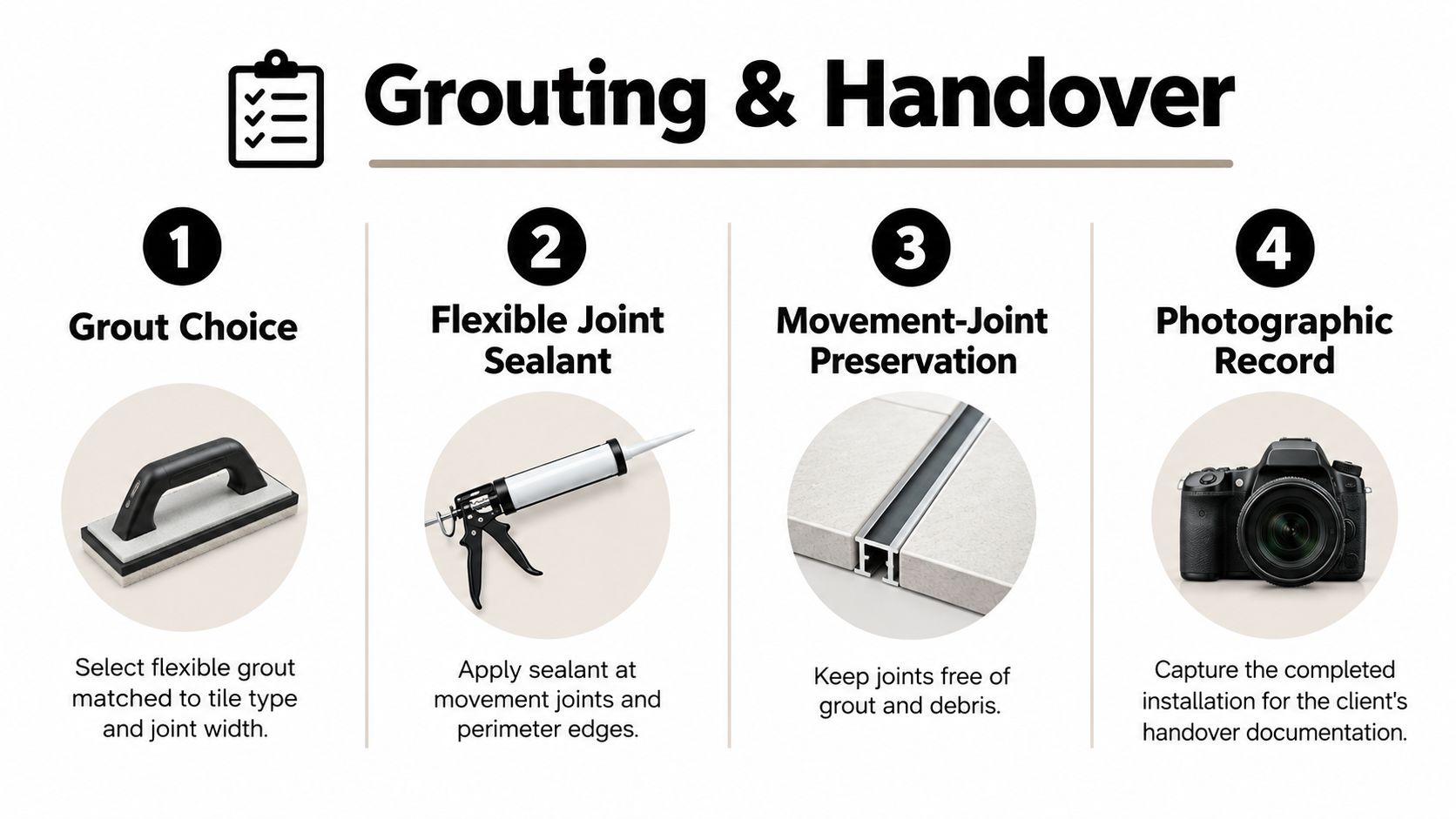 A four-step infographic showing the grouting and handover process for tile installation, including tools and key steps.