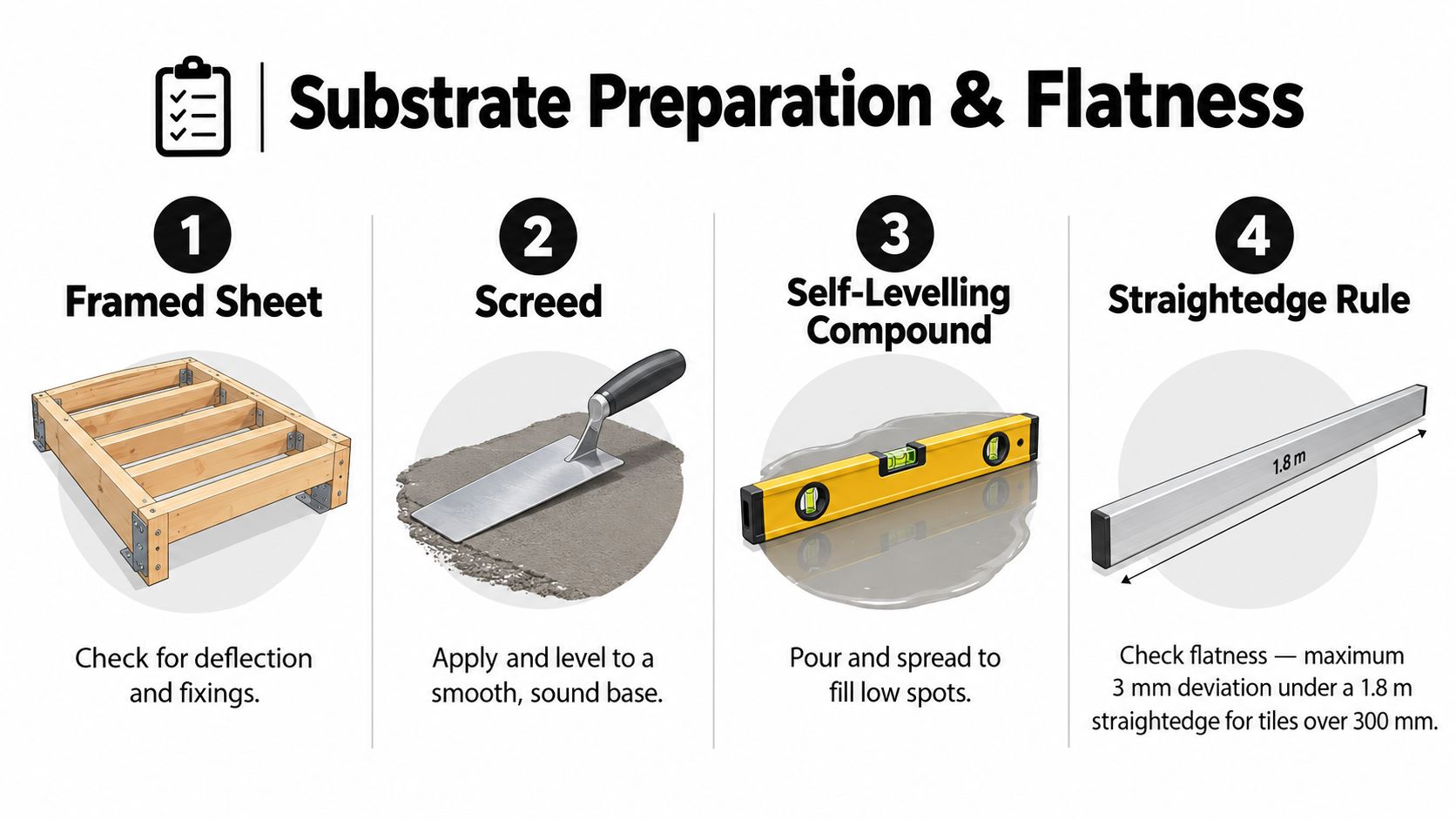An infographic illustrating four steps for substrate preparation and flatness before installing large format tiles.