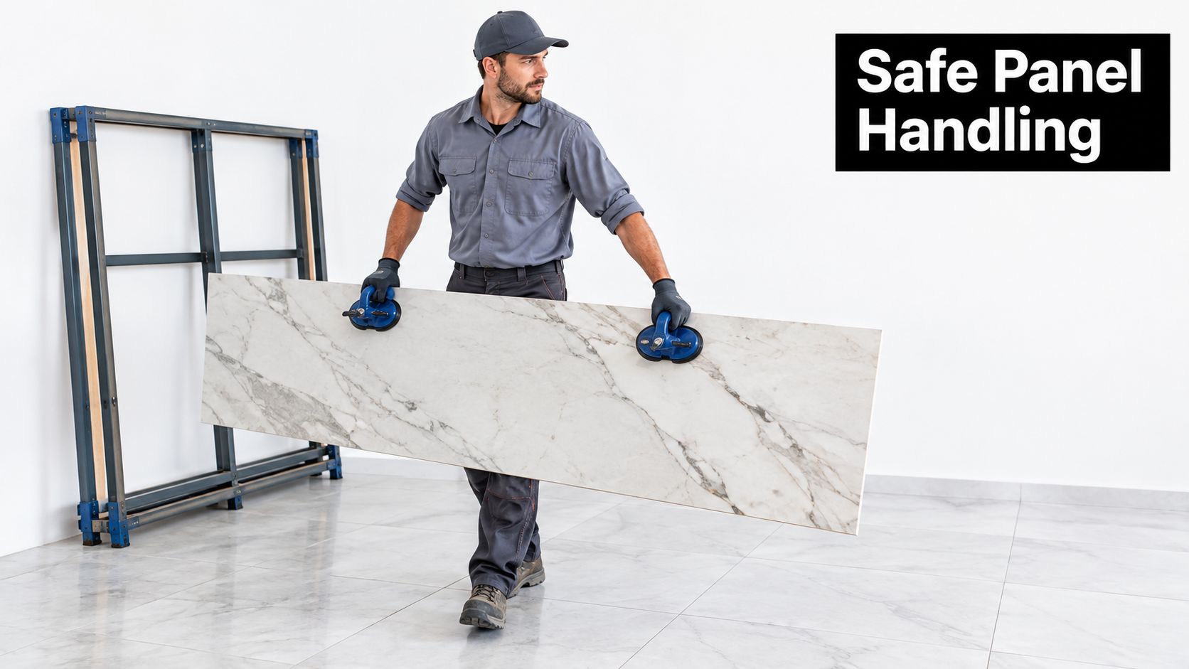 A professional construction worker carefully carrying a large white marble-patterned porcelain slab using suction cup handles.