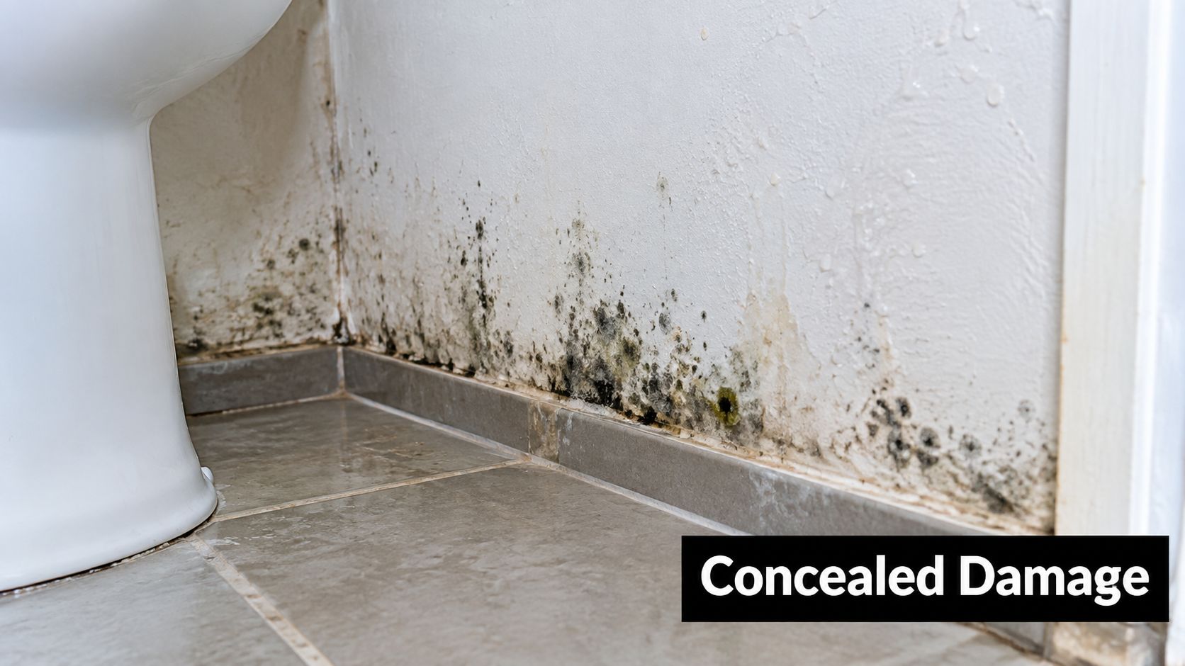 A bathroom wall with severe black mold growth caused by moisture and potential water damage behind drywall.