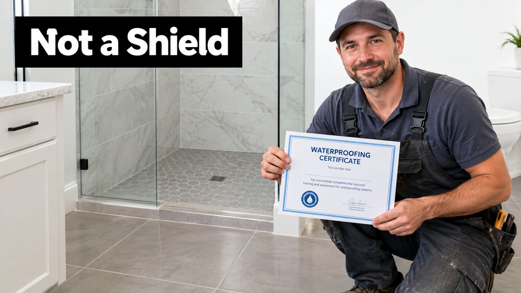 A professional male contractor in work overalls proudly holding a waterproofing certificate in a renovated bathroom.